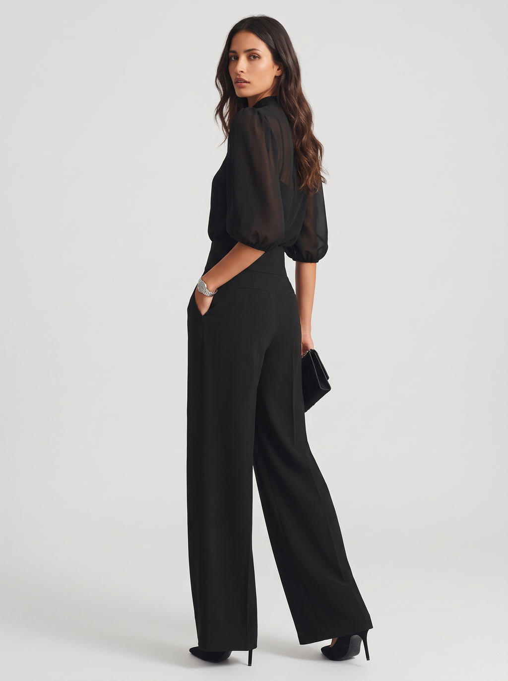 Verónica | Conjunto de tres piezas con top transparente y pantalón ancho