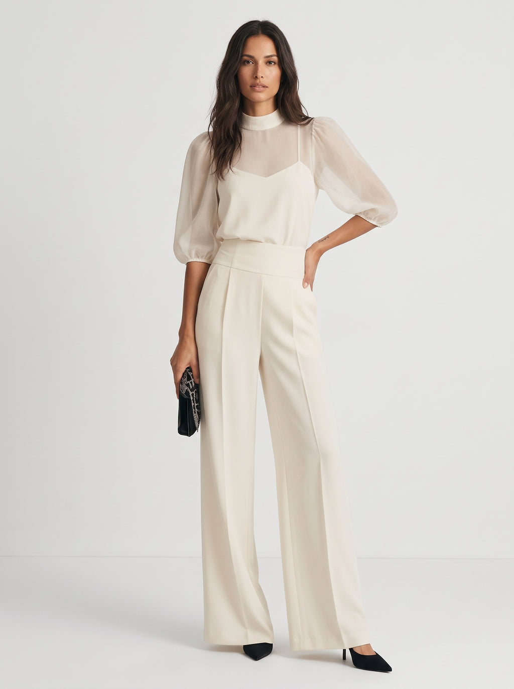 Verónica | Conjunto de tres piezas con top transparente y pantalón ancho
