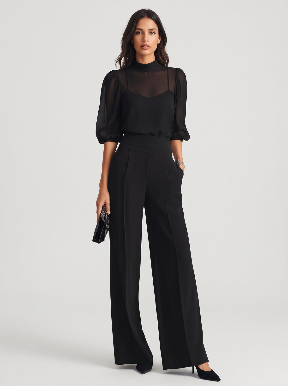Verónica | Conjunto de tres piezas con top transparente y pantalón ancho
