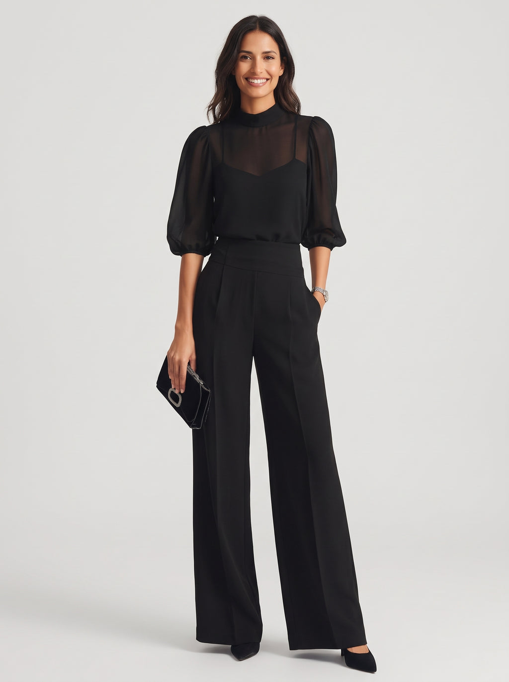 Verónica | Conjunto de tres piezas con top transparente y pantalón ancho