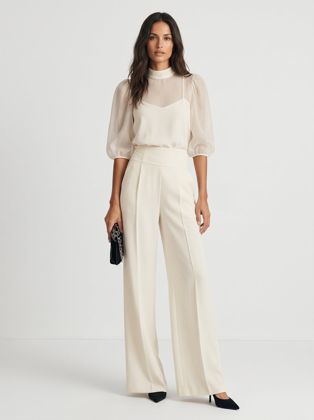 Verónica | Conjunto de tres piezas con top transparente y pantalón ancho