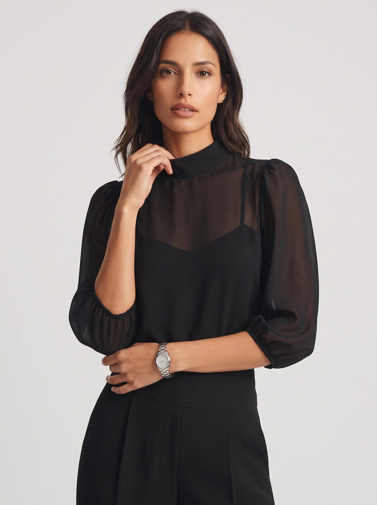 Verónica | Conjunto de tres piezas con top transparente y pantalón ancho